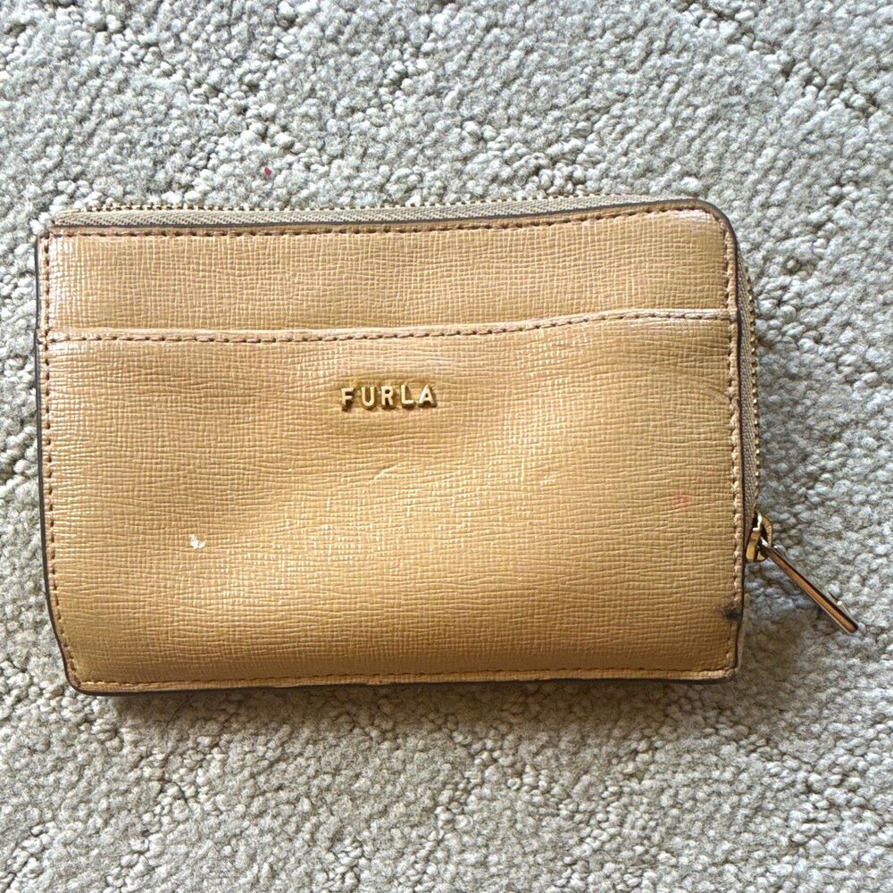 Furla Women’s Beige Zip-Around Wallet w/ Credit Card Slots, Logo, Zipper